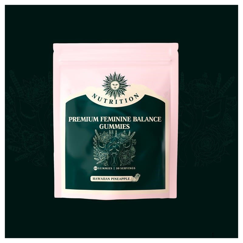 Package of premium feminine balance gummies on a dark background