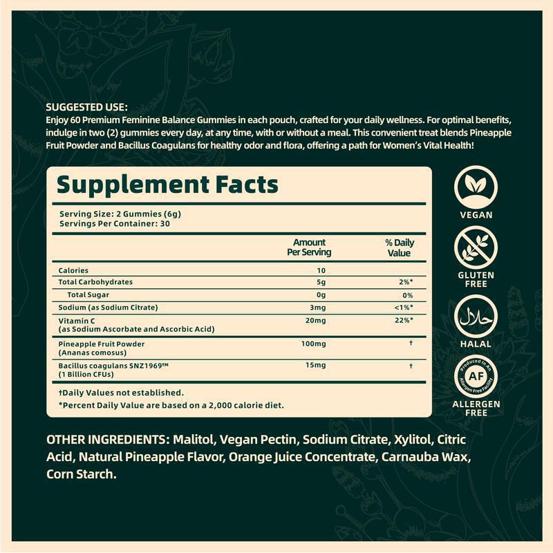 Supplement facts label for a product with various icons and text on a green background.