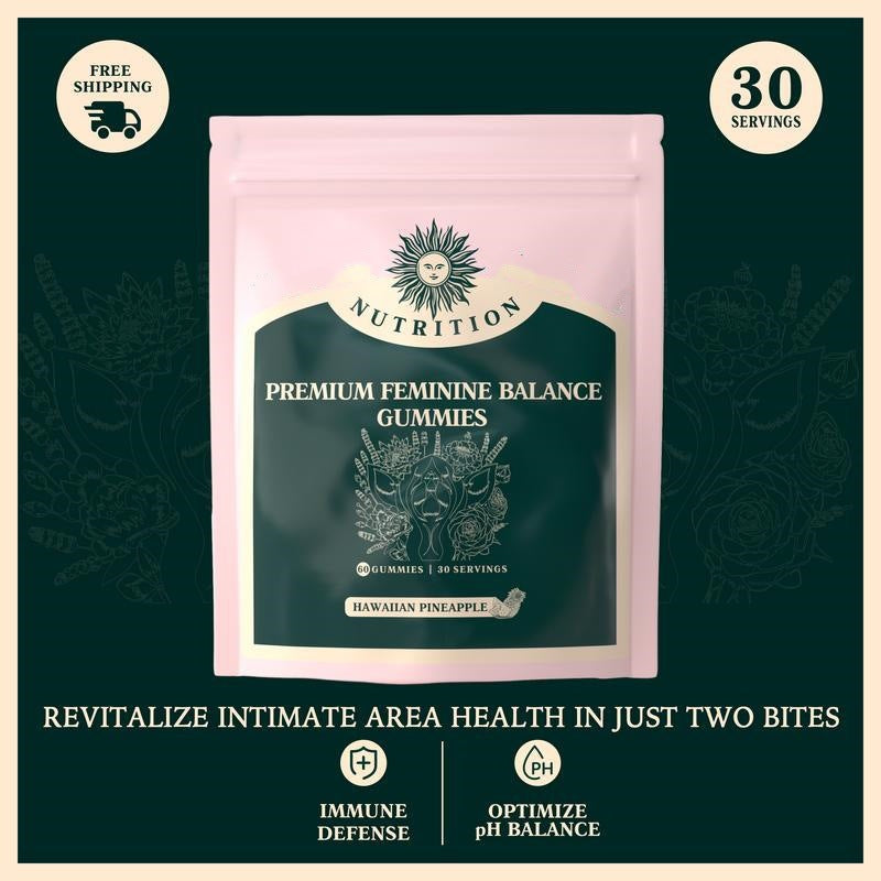 Package of premium feminine balance gummies with promotional text on a green background
