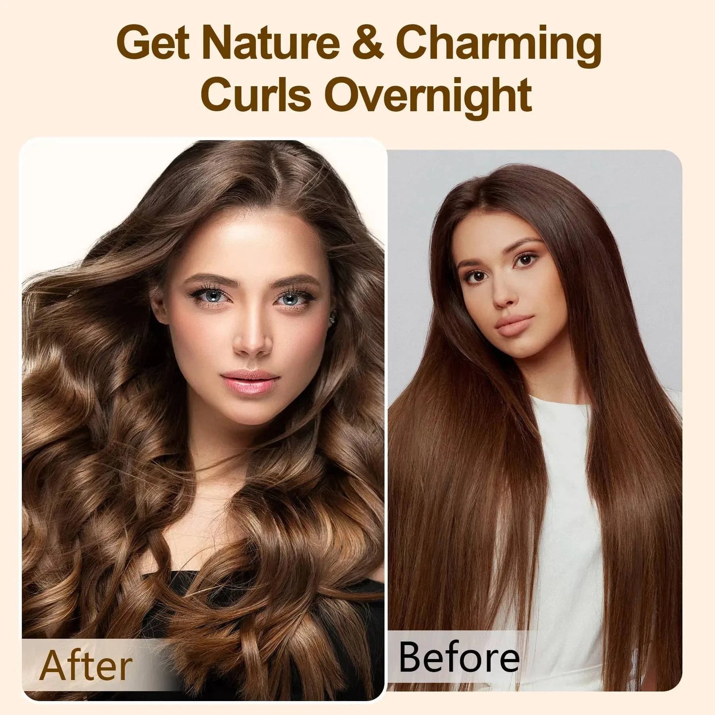 Before and after images showing long straight hair transformed into natural curls using a satin heatless hair curler