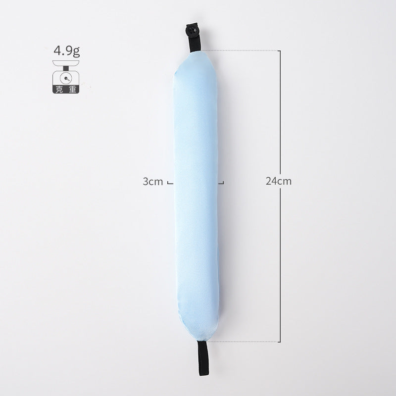 Glowglo light blue cylindrical foam draft stopper measuring 24 cm by 3 cm with black straps