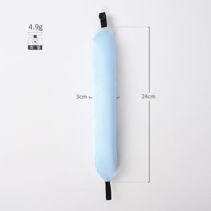 Glowglo light blue cylindrical foam draft stopper measuring 24 cm by 3 cm with black straps