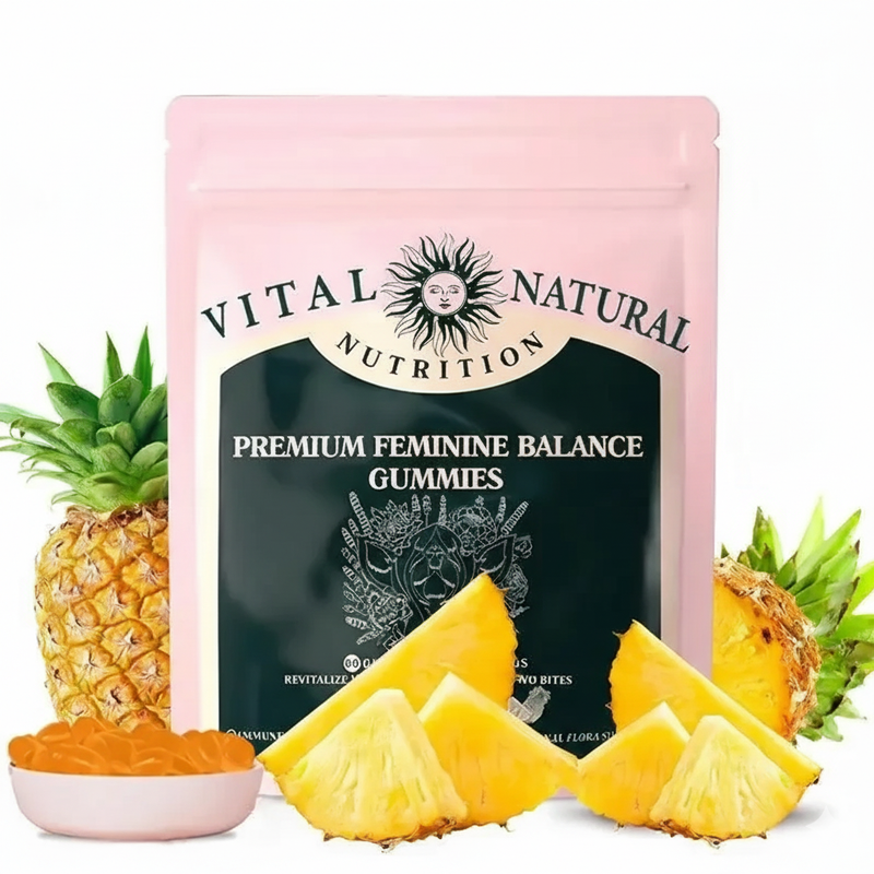 Vital Natural Nutrition premium feminine balance gummies with pineapple slices on a white background