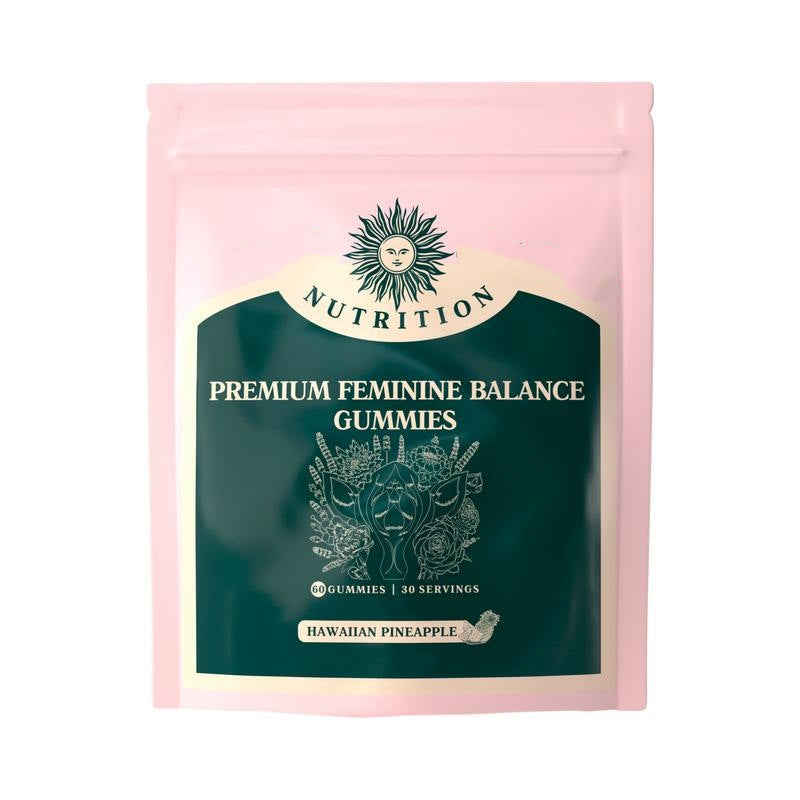 Package of premium feminine balance gummies with pink and green design on a white background