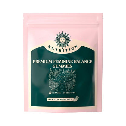 Package of premium feminine balance gummies with pink and green design on a white background