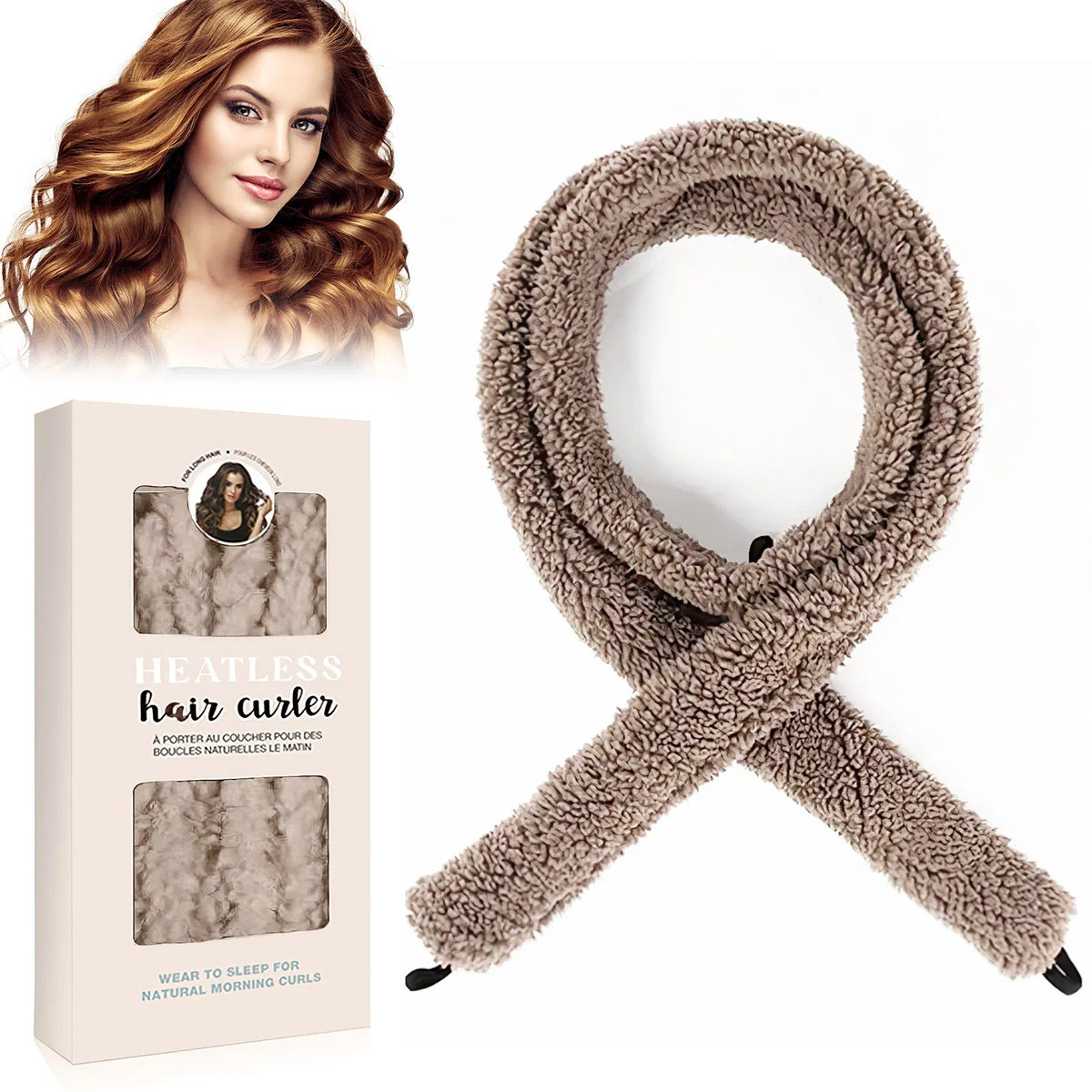 Satin heatless hair curler with soft fabric for natural curls, shown with packaging and model with styled hair