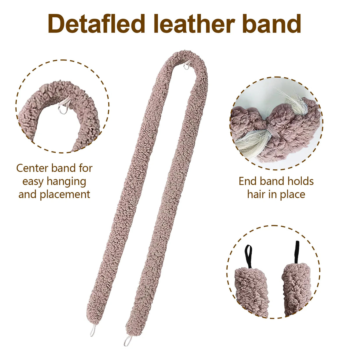 Satin heatless hair curler with soft brown detafled leather band designed for easy hanging and secure hair hold