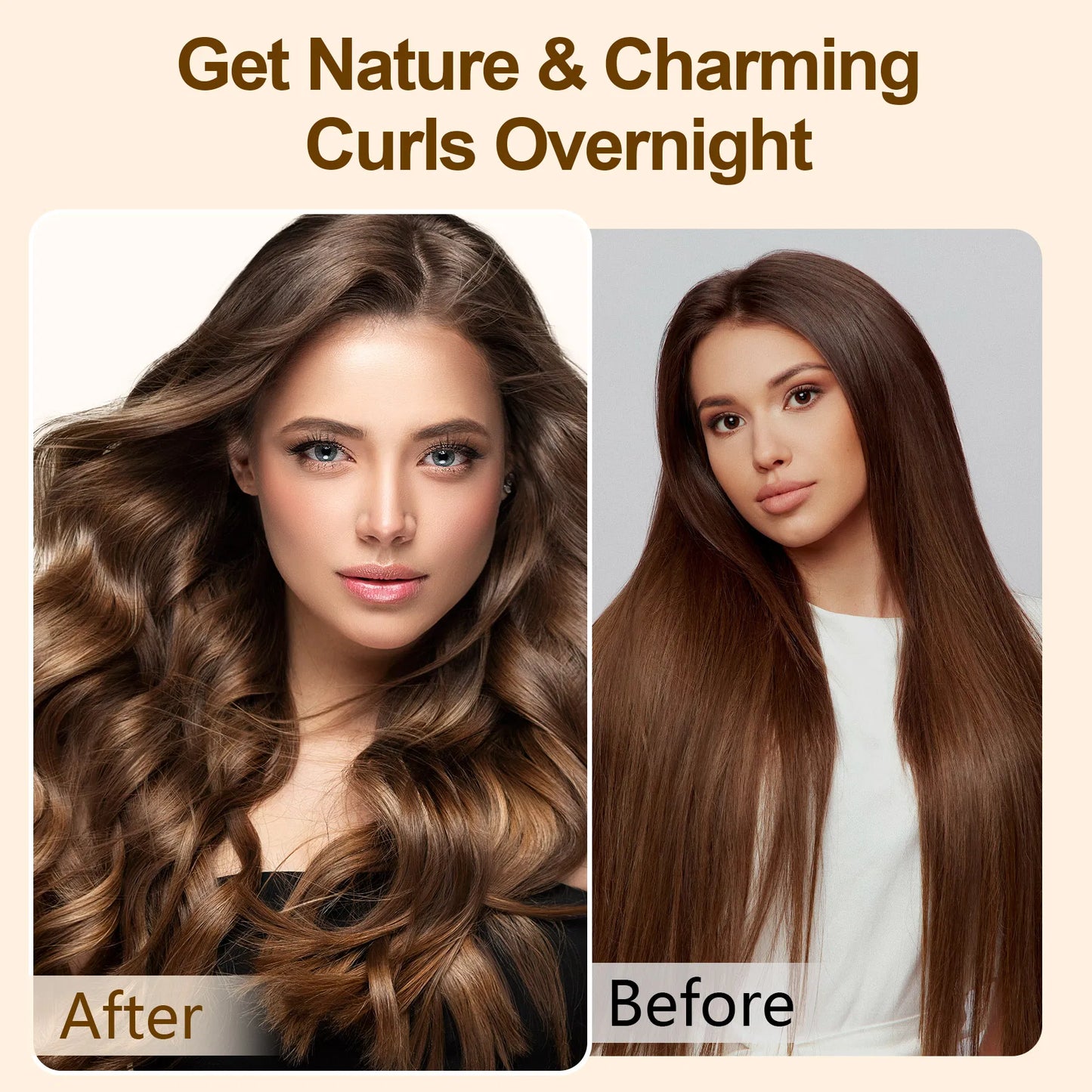 Before and after images showing long straight hair transformed into natural curls using a satin heatless hair curler