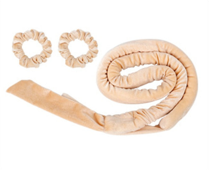 Glowglo beige velvet heatless hair curler set with two matching scrunchies for gentle curling