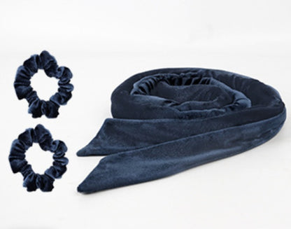 Glowglo velvet heatless hair curler set in navy blue with two matching scrunchies for gentle curling