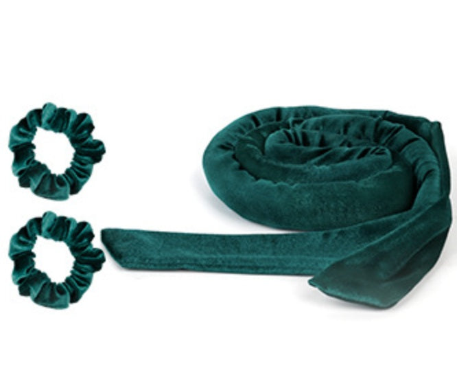 Glowglo velvet heatless hair curler set with two matching velvet scrunchies in dark green