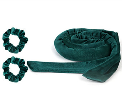 Glowglo velvet heatless hair curler set with two matching velvet scrunchies in dark green