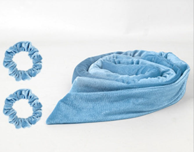 Glowglo blue velvet heatless hair curler with two matching scrunchies for easy hair styling