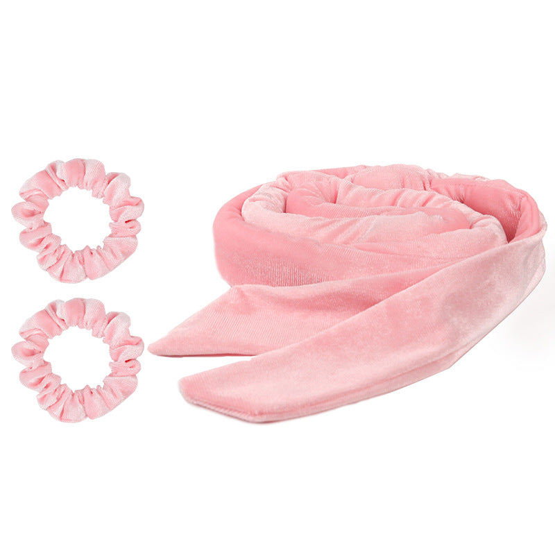 Glowglo pink velvet heatless hair curler with two matching scrunchies for gentle styling